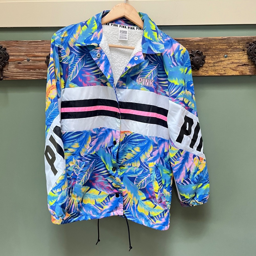 PINK Victoria's Secret Tropical Sherpa Lined Windbreaker Jacket Small Multicolor